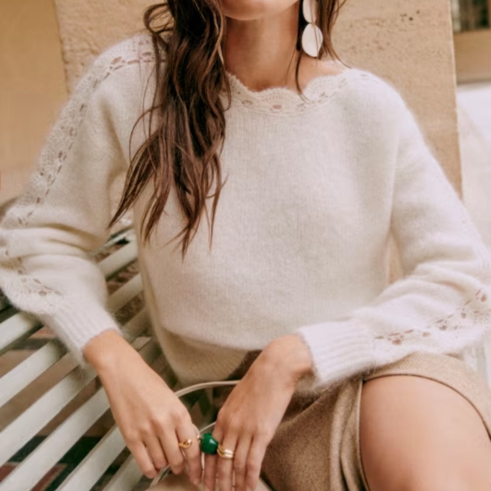 Sezane Cream Crew Neck Sweater Plush Mohair Oversized